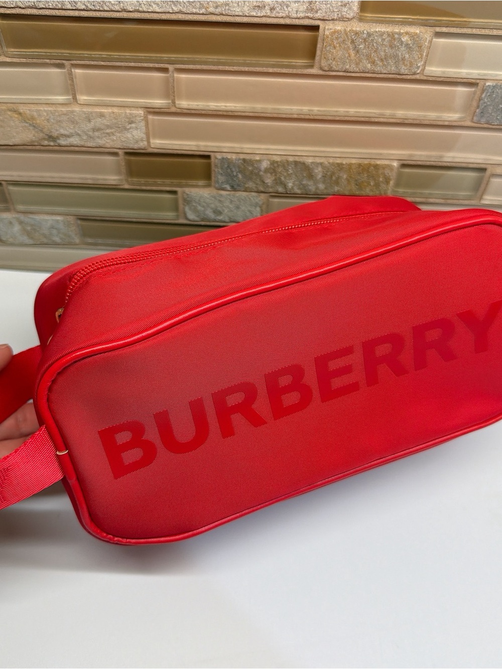 NIB Burberry Red Nylon Cosmetic Case Travel Makeup Pouch Bag